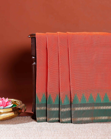 Chettinad Handloom Cotton Saree with Traditional Temple Border and Striped Body - Orange