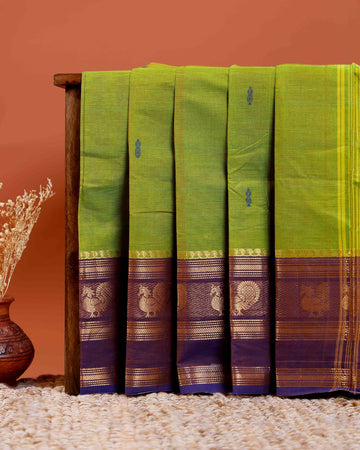 Handloom Chettinad Cotton Saree with Butta Weaves, Zari Peacock Motif Border and Contrast Pallu - Green
