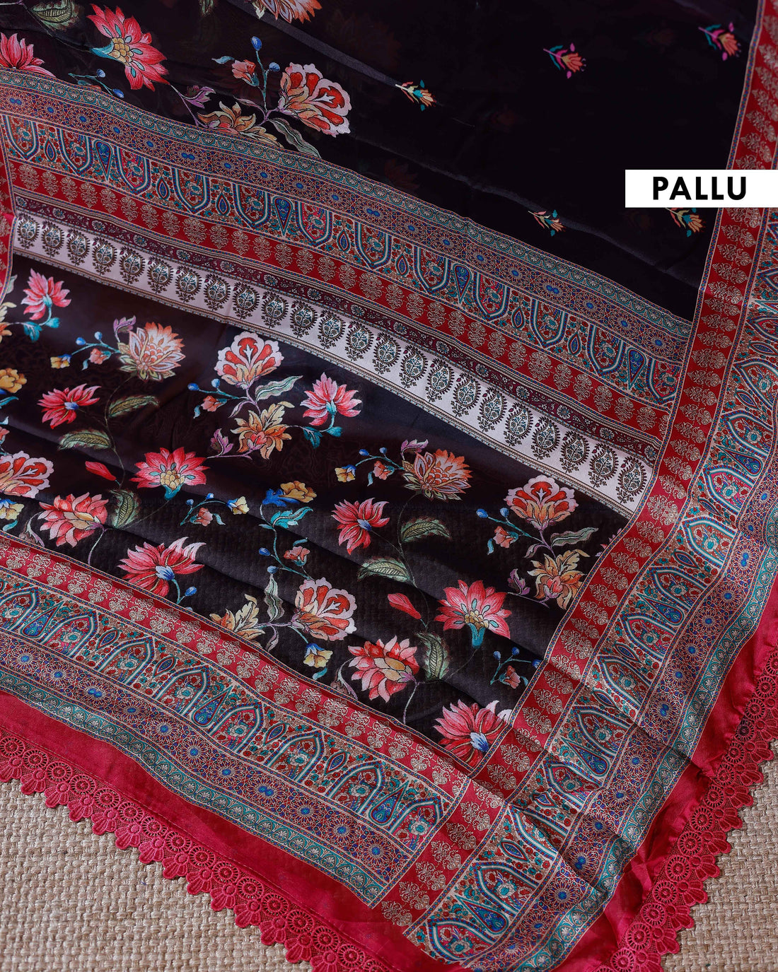 Elegant Georgette Saree with Intricate Floral Embroidery and Traditional Patterned Border - Black