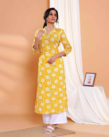 Floral Printed Straight Kurta with V-Neck and 3/4th Sleeves - Mustard Yellow