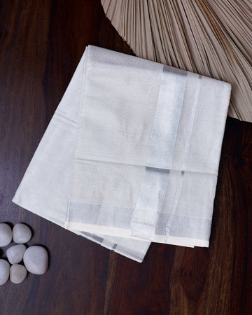 Men's Traditional Handwoven Cotton Dhoti with Silver Border and Elegant Finish - White