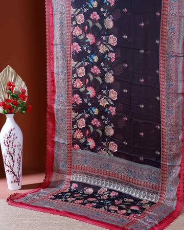 Elegant Georgette Saree with Intricate Floral Embroidery and Traditional Patterned Border - Black