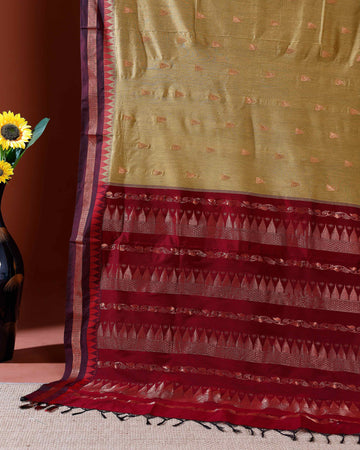 Elegant Kalyani Cotton Saree with Traditional Woven Design and Zari Border - Olive Green