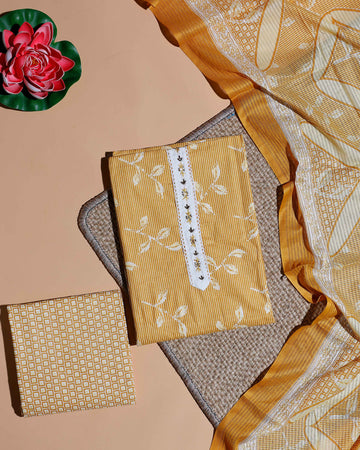 Women's Salwar Material with Floral and Geometric Prints and Embroidered Neckline - Yellow