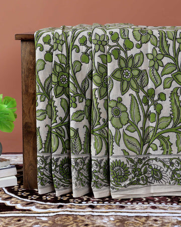 Handcrafted Kalamkari Cotton Saree with Traditional Floral Motifs - Green