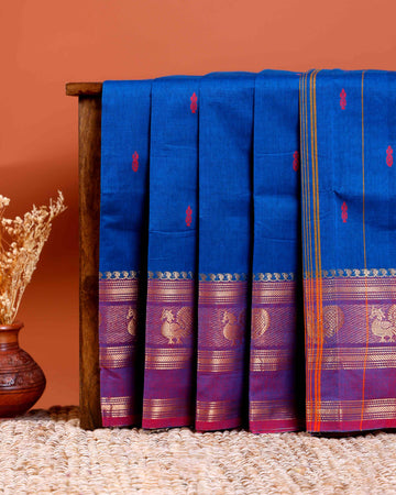 Handloom Chettinad Cotton Saree with Butta Weaves, Zari Peacock Motif Border and Contrast Pallu - Blue