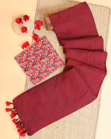 Handwoven Khadi Cotton Saree with Contrast Printed Blouse and Tassel Accents - Maroon