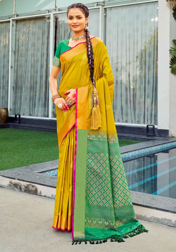 Ethnic Thread Design Soft Silk Saree - Yellow