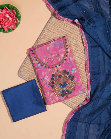 Unstitched Floral Printed Salwar Suit Material with Intricate Embroidered Neckline and Motif - Pink