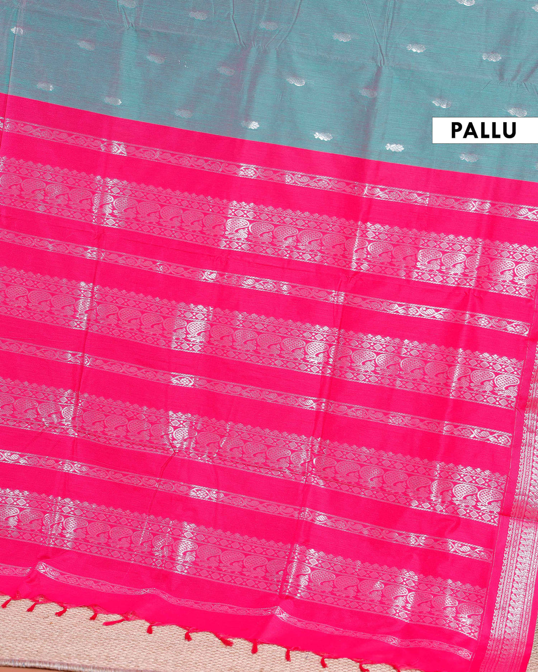 Handloom Kalyani Cotton Saree with Contrast Woven Border and Zari Details - Teal