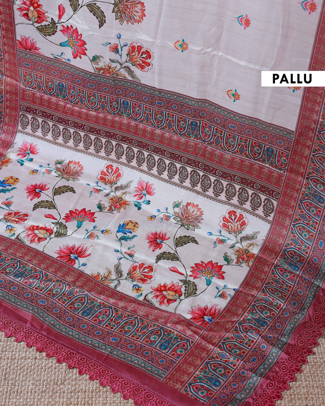 Elegant Georgette Saree with Intricate Floral Embroidery and Traditional Patterned Border - Cream