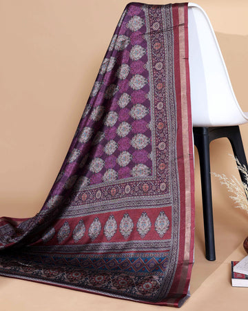 Ethnic Purple Semi Chanderi saree with Multi-color Paisley and Floral Design