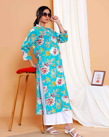 Floral Printed Straight Kurta with V-Neck and 3/4th Sleeves - Turquoise Blue