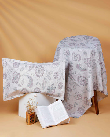 Floral Printed Cotton Bed Cover with Pillow Cover - Pastel Grey