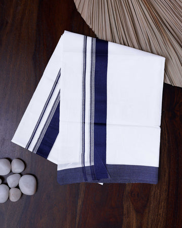 Men's Traditional Handwoven Cotton Dhoti with Navy Blue Border and Elegant Finish - White