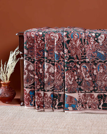 Traditional Handloom Kalamkari Cotton Saree with Intricate Floral and Avian Motifs - Brown