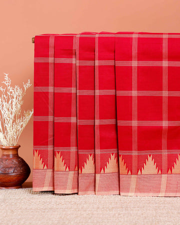 Traditional Chettinad Cotton Saree with Checked and Temple Border - Red