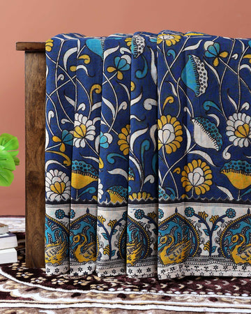 Handcrafted Kalamkari Cotton Saree with Traditional Floral & Peacock Motifs - Blue