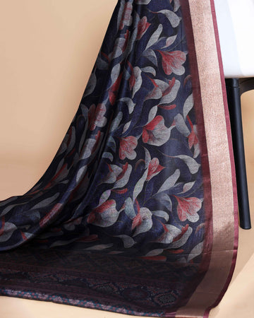 Black Art Silk Saree with Intricate Floral and Geometric Weave Pattern
