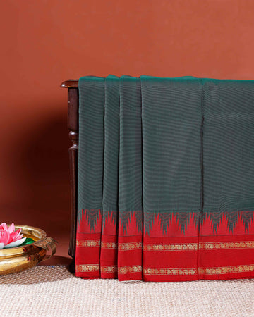 Chettinad Handloom Cotton Saree with Traditional Temple Border and Striped Body - Green