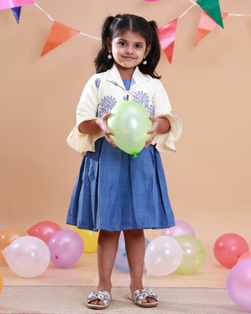 Elegant Kids' Ethnic Print Collared Frock with Pleated Skirt - Cream