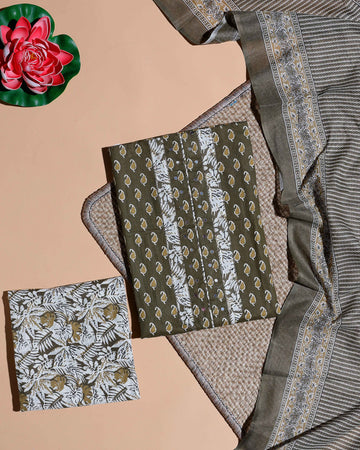 Women's Hand Block Printed Cotton Salwar Material with Dupatta - Green
