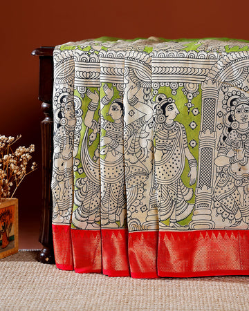 Traditional Mangalagiri Kalamkari Cotton Saree with Intricate Floral and Avian Motifs - Green