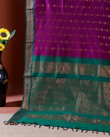 Handloom Kalyani Cotton Saree with Intricate Zari Border and Pallu Weave - Purple