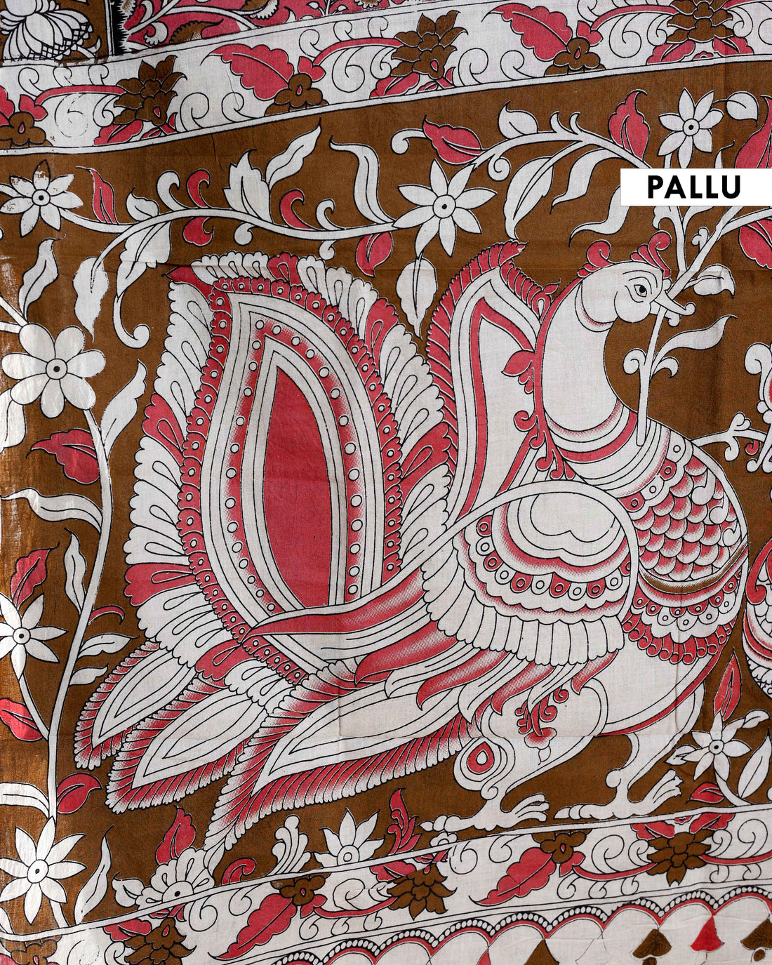 Traditional Handloom Kalamkari Cotton Saree with Intricate Floral and Avian Motifs - Red