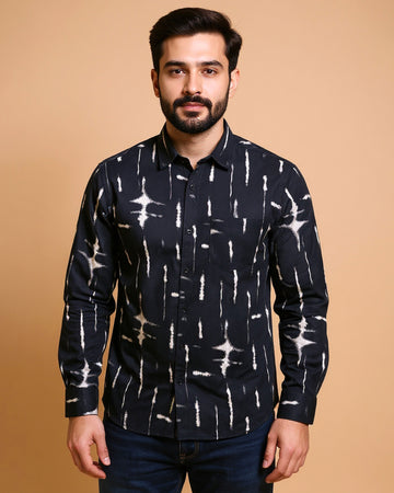 Men's Rocx Casual Shirt with Abstract Print and Spread Collar - Black