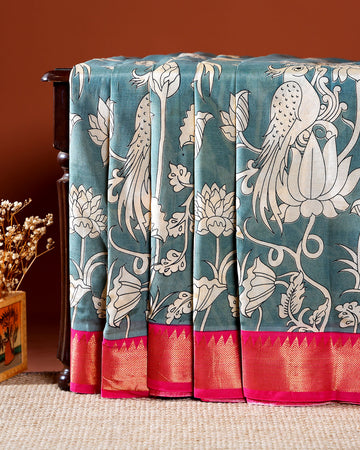 Traditional Mangalagiri Kalamkari Cotton Saree with Intricate Floral and Avian Motifs - Light Teal