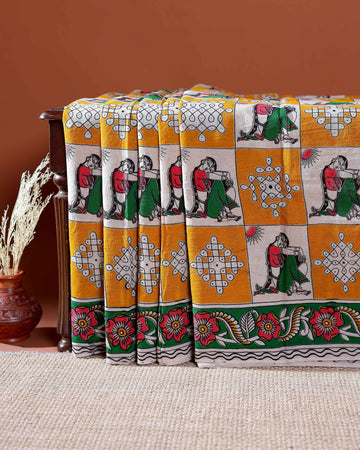 Traditional Handloom Kalamkari Cotton Saree with Intricate Floral and Avian Motifs - Yellow