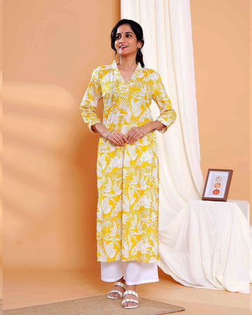 Floral Printed Straight Kurta with V-Neck and 3/4th Sleeves - Yellow