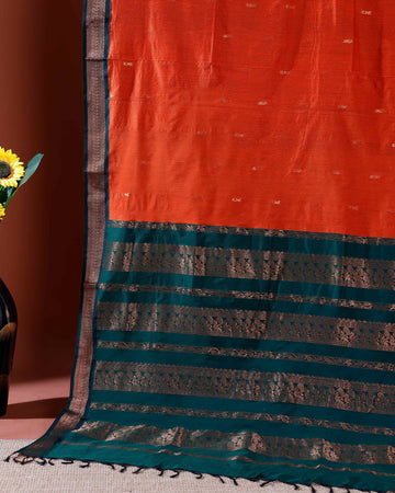 Elegant Kalyani Cotton Saree with Traditional Woven Design and Zari Border - Orange