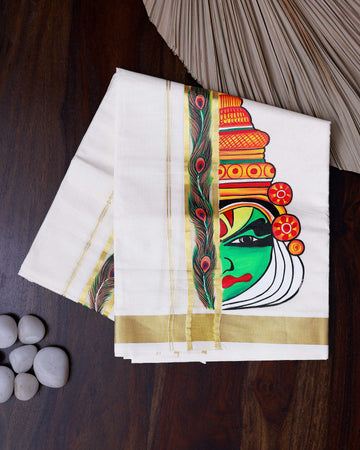 Men's Traditional Kathakali Mural Painted Kasavu Cotton Dhoti with Golden Kasavu Border - White
