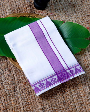 Men’s Cotton Dhoti with Violet Colour Border - White