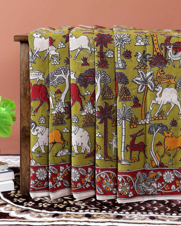 Handcrafted Traditional Kalamkari Cotton Saree with Nature & Wildlife Motifs - Green