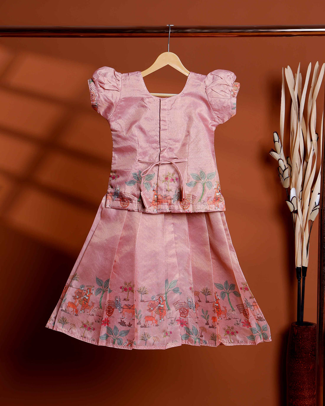 Kids Readymade Pattu Pavadai Set with Embellished Neck Puff Sleeve Blouse and Printed Skirt - Rose Pink