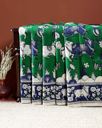 Traditional Handloom Kalamkari Cotton Saree with Intricate Floral and Avian Motifs - Green