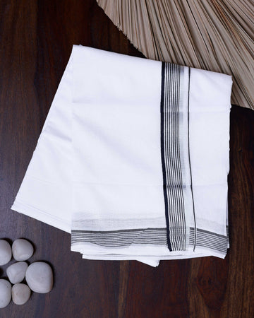 Men's Traditional Handwoven Cotton Dhoti with Black Striped Border and Elegant Finish - White
