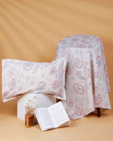 Ethereal Floral Dream Single Bed Cover With Pillow Cover- Cream
