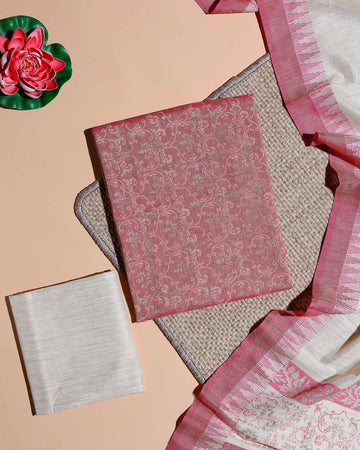 Women's Handwoven Floral Patterned Salwar Material with Intricate Weave and Complementary Dupatta - Pink