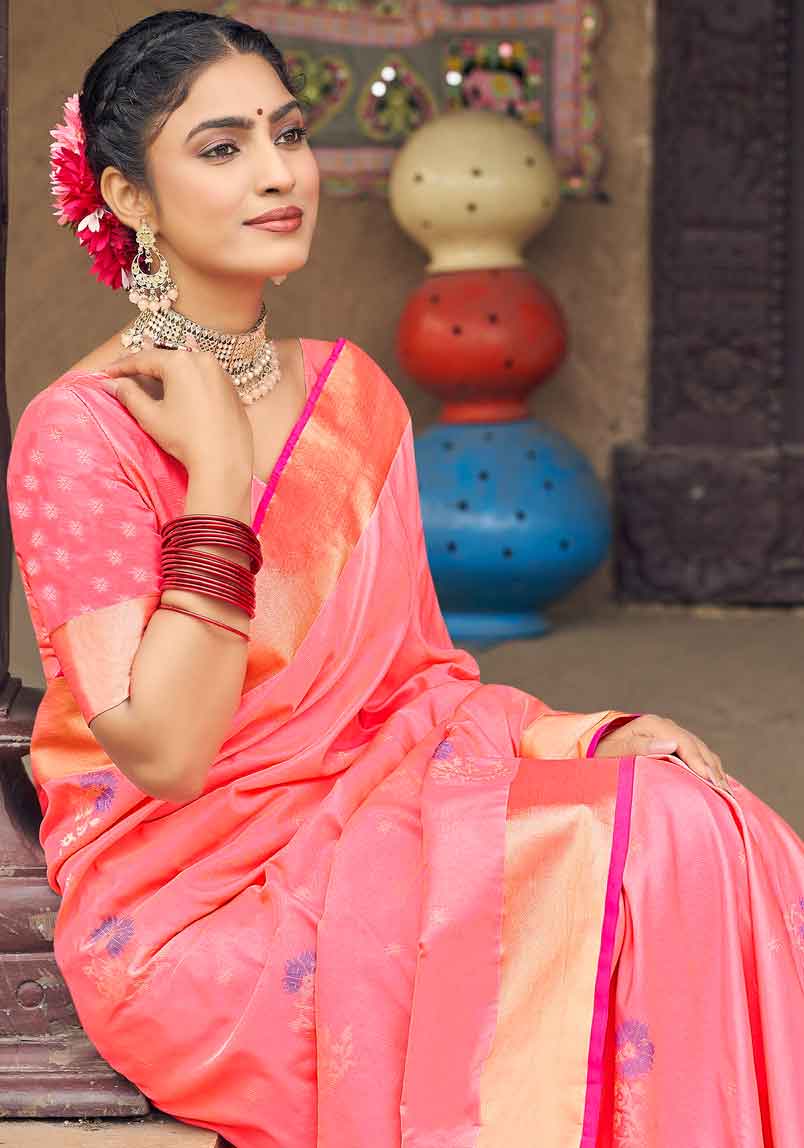 Ethnic Thread Design Soft Silk Saree - Peach
