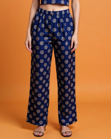 Ethnic Print Relaxed Fit Palazzo Pant -Blue