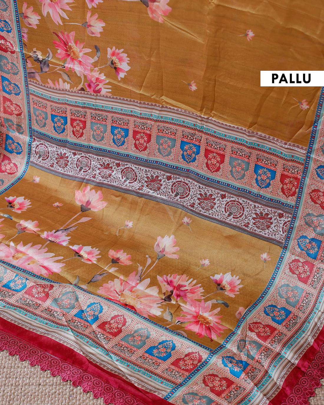 Elegant Georgette Saree with Intricate Floral Embroidery and Traditional Patterned Border - Mustard