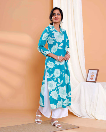 Floral Printed Straight Kurta with V-Neck and 3/4th Sleeves - Turquoise Blue
