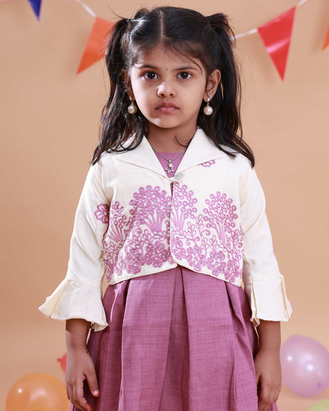 Elegant Kids' Ethnic Print Collared Frock with Pleated Skirt - Cream