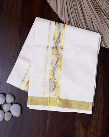 Men's Traditional Handwoven Cotton Dhoti with Gold Border and Elegant Finish - Cream