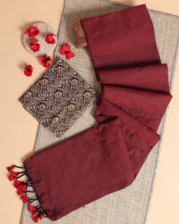 Handwoven Khadi Cotton Saree with Contrast Printed Blouse and Tassel Accents - Maroon