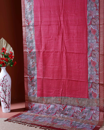 Elegant Kantha Silk Saree with Subtle Checkered Weave and Artistic Floral Patterned Border - Pink